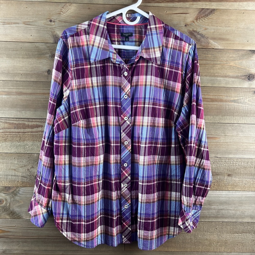 Talbots Womens Shirt Long Sleeve Button Up Plaid Metallic Lightweight Cotton 2X